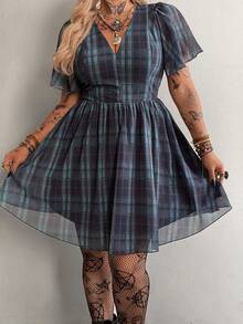 Whyspr Plus Size Plaid V Neck Flounce Sleeve Short Casual A Line Dress For Women - Multicolor - View 3