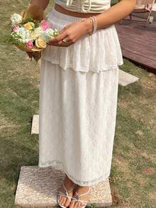 Livesso Spring & Summer Hollow Lace Patchwork Skirt, Casual Vacation Beach Chiffon A-Line Skirt, Elegant Commuting Skirt For Women - Beige - View 3