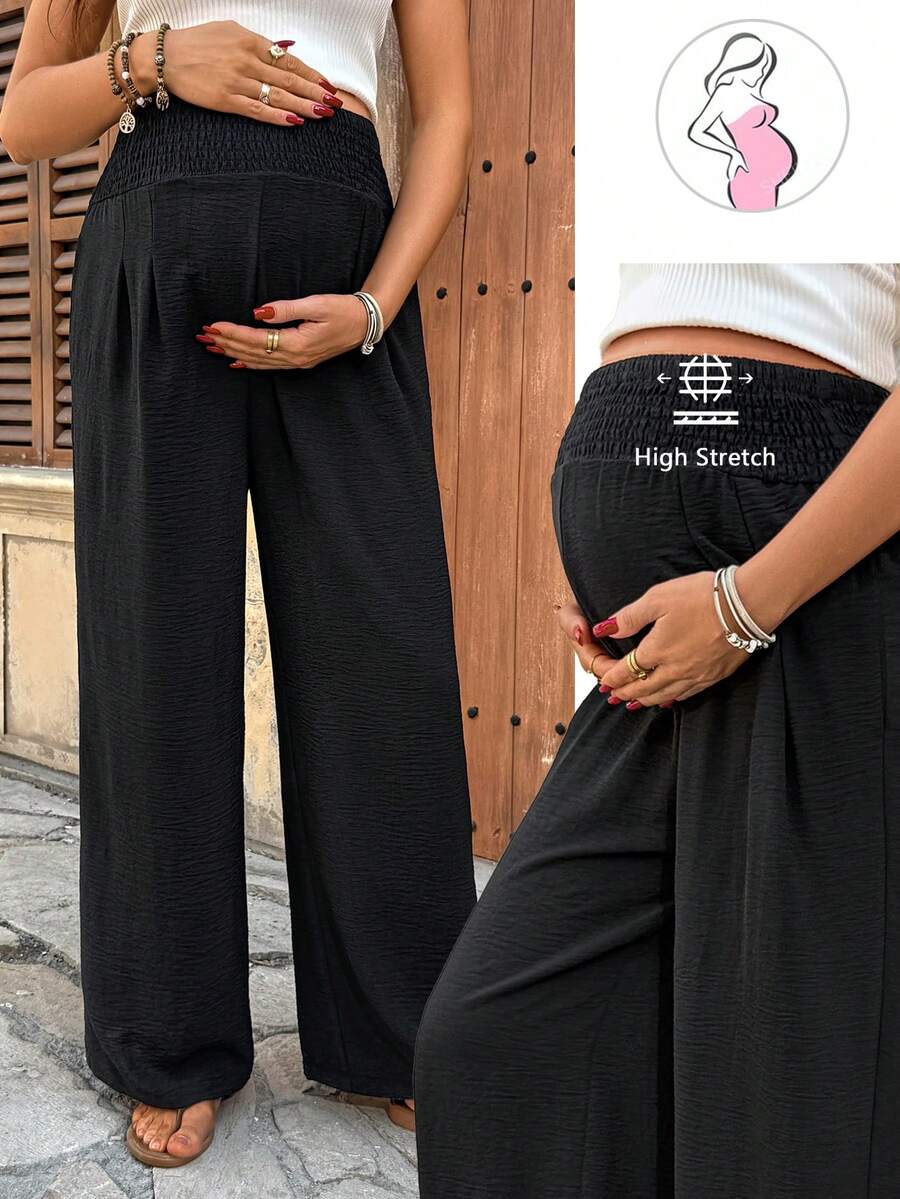 SHEIN Maternity Casual Solid Color Textured Elastic Waist Pants, Summer For Women, Spring Women , Spring Breaks - Black - View 1