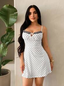 SHEIN SXY 女士波点扭结蕾丝性感迷你吊带连衣裙，适合约会之夜/派对 - 黑與白 - 查看 8