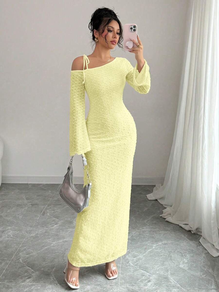 Rafferiza 欧美时尚修身针织连衣裙，性感露肩紧身长袖连衣裙超长女装 - 淡黃色 - 查看 1