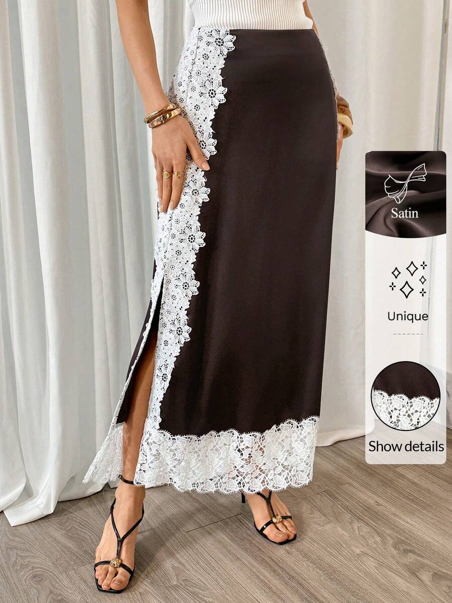 Siren Gaze Falda larga versátil y de moda con dobladillo con abertura y ribete de encaje de color contrastante para mujer - Marrón Chocolate - Ver 1