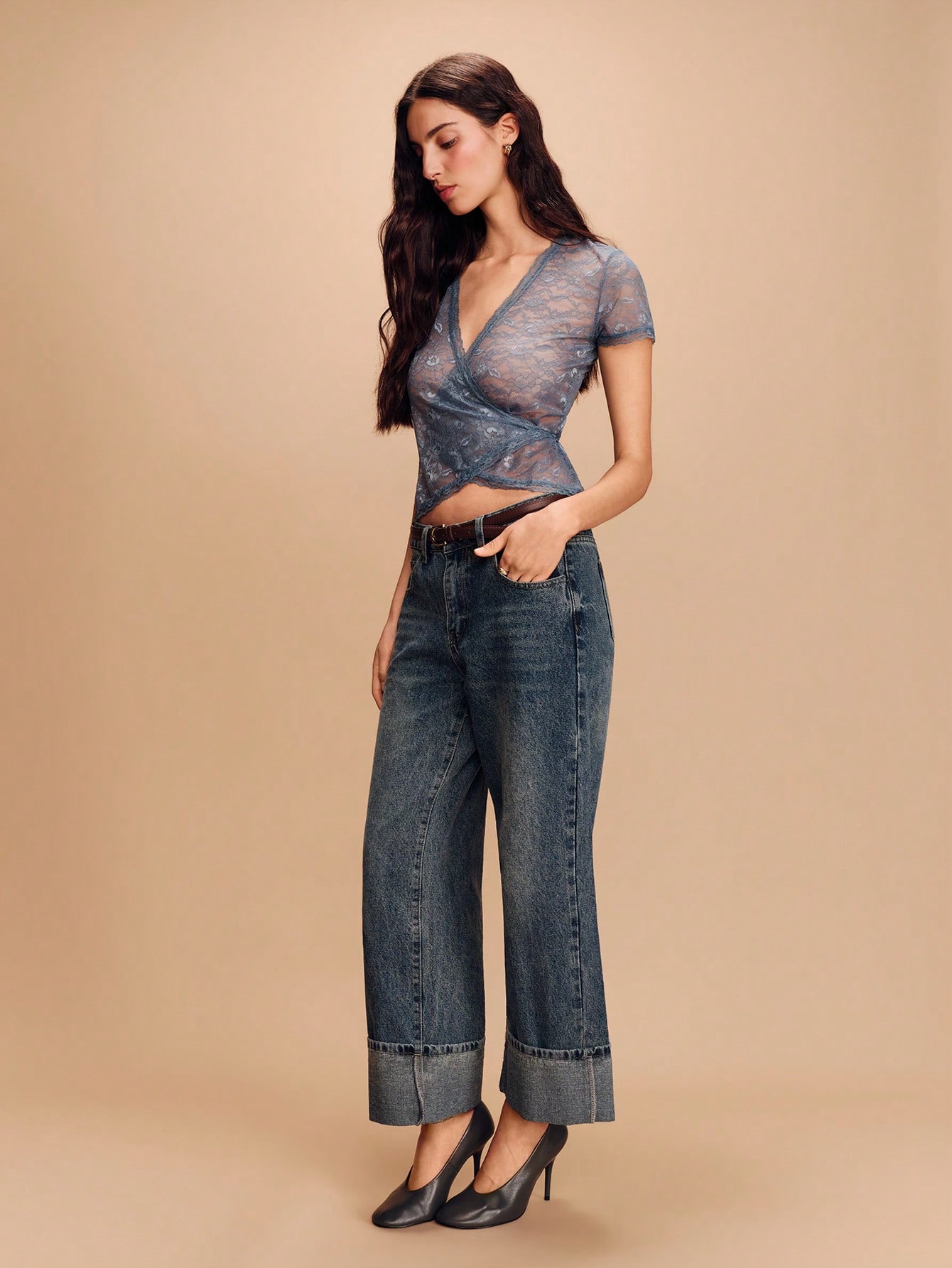 Soft Sheer Lace Wrap Tee With Deep V Neckline And Fitted Silhouette Spring Summer French Style Parisian Style Going Out Blue Cute Top