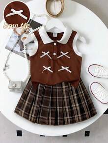 Genkimix Kids 女童春夏Polo衫套装，白色纯色罗纹针织背心搭配棕色梭织百褶裙两件套，学院风，可爱休闲，适合上学、郊游、派对、度假等场合。格子裙套装，女童棕色Polo衫套装，女童百褶裙套装，校服两件套，夏季格子裙蝴蝶结套装，女童棕色裙子套装，格子百褶裙套装，女童Polo衫套装，深棕色衬衫，棕色衬衫，棕色裙子，棕色连衣裙，棕色衬衫，棕色 - 棕色 - 查看 8