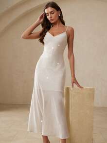 Revavyn Đầm hai dây đính đá lấp lánh tối giản thời trang mới, kiểu dáng quý phái sang trọng, phù hợp cho tiệc tối, sinh nhật và các dịp khác. - trắng - Xem 1