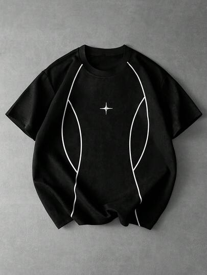 PAVTROS 男士撞色印花圆领短袖T恤，Y2K黑色，适合万圣节派对、街头服饰、春夏、夏季、度假、复古、外出、派对、节日、送给男友的礼物、街头服饰、运动等场合。