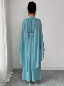 SHEIN Elenzya 纯色立领披肩袖优雅简约长腰收腰连衣裙 - 綠色 - 查看 2