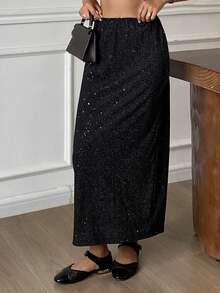 DAZY Women's Elastic Waist Shiny Long Skirt - Black - View 5