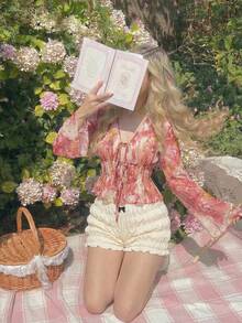 SHEIN MOD Women's Rose Print V-Neck Flare Sleeve Ruffle Hem Blouse, Suitable For Vacation, Music Festival, Bohemian, Holiday, Date, Afternoon Tea, Beach - Multicolor - View 6