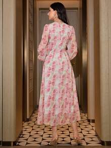 Modelyn 女士春夏V领雪纺长袖连衣裙，饰有蝴蝶结纽扣，A字廓形，优雅浪漫长款连衣裙 - 粉色 - 查看 2