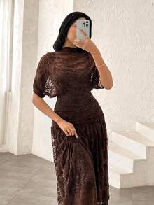 Modelyn New Boat Neck Fitted Sexy Hollow-Out Ruffle Waist Sleeveless Mid-Length Dress - Coffee Brown - View 3