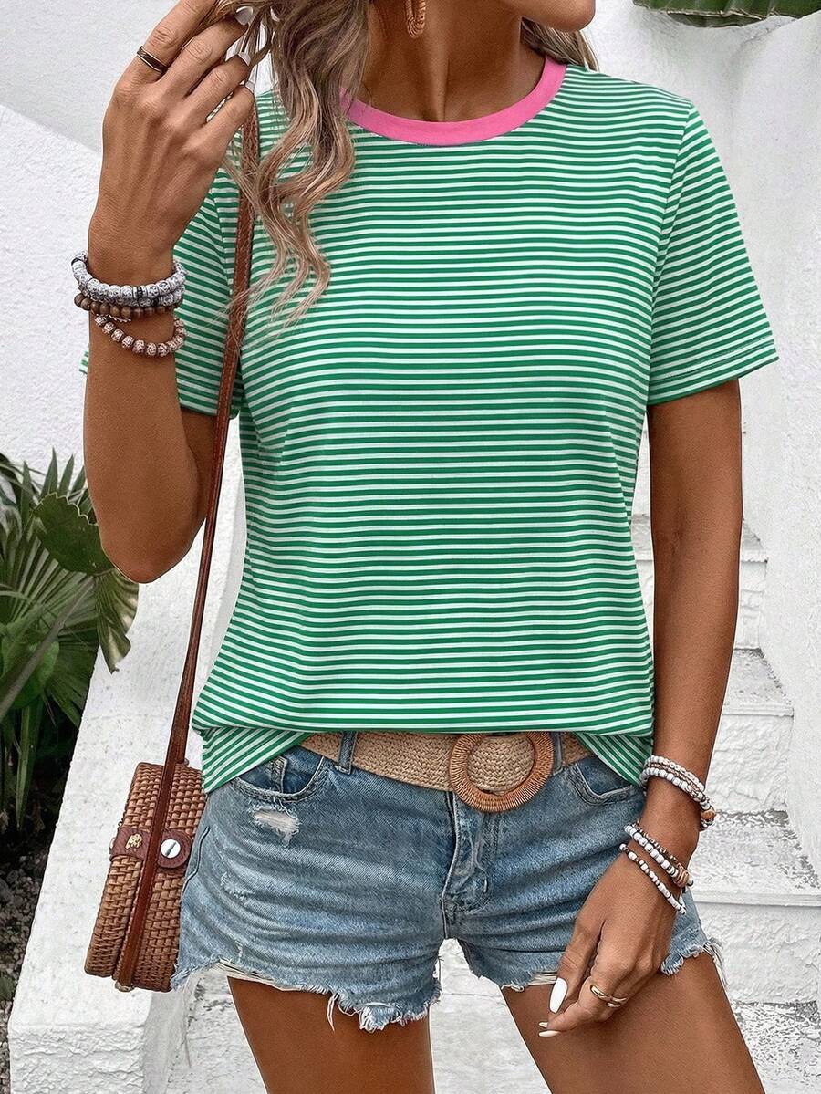 EMERY ROSE New Arrival Women's Fashion Casual Green Striped Print Contrast Pink Collar Round Neck T-Shirt - Multicolor - View 1