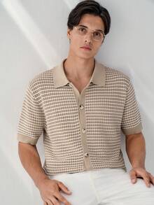 RONVEXI 男士撞色格纹印花纽扣短袖针织上衣 - 彩色 - 查看 6