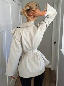 Sydney Algeri 女士时尚优雅双排扣束带风衣法式风衣女装风衣秋冬女装风衣 - 灰色 - 查看 2