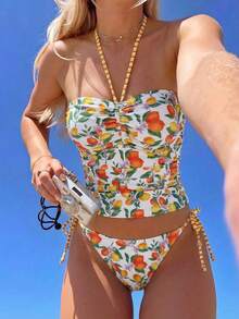 SHEIN MOD Sexy Fruit Print Drawstring Bikini Set,Orange Bathing Suit Women,Vacation Bathing Suits Woman,Vacation Bikini,Swimsuits Orange,Chic Women's Fruit Print Ruched Bandeau Halter Bikini Top And Tie Side Bottoms Swimsuit,Seaside Vacation,Vacation Outfits Women ,Holiday ,Summer Outfits - Multicolor - View 3