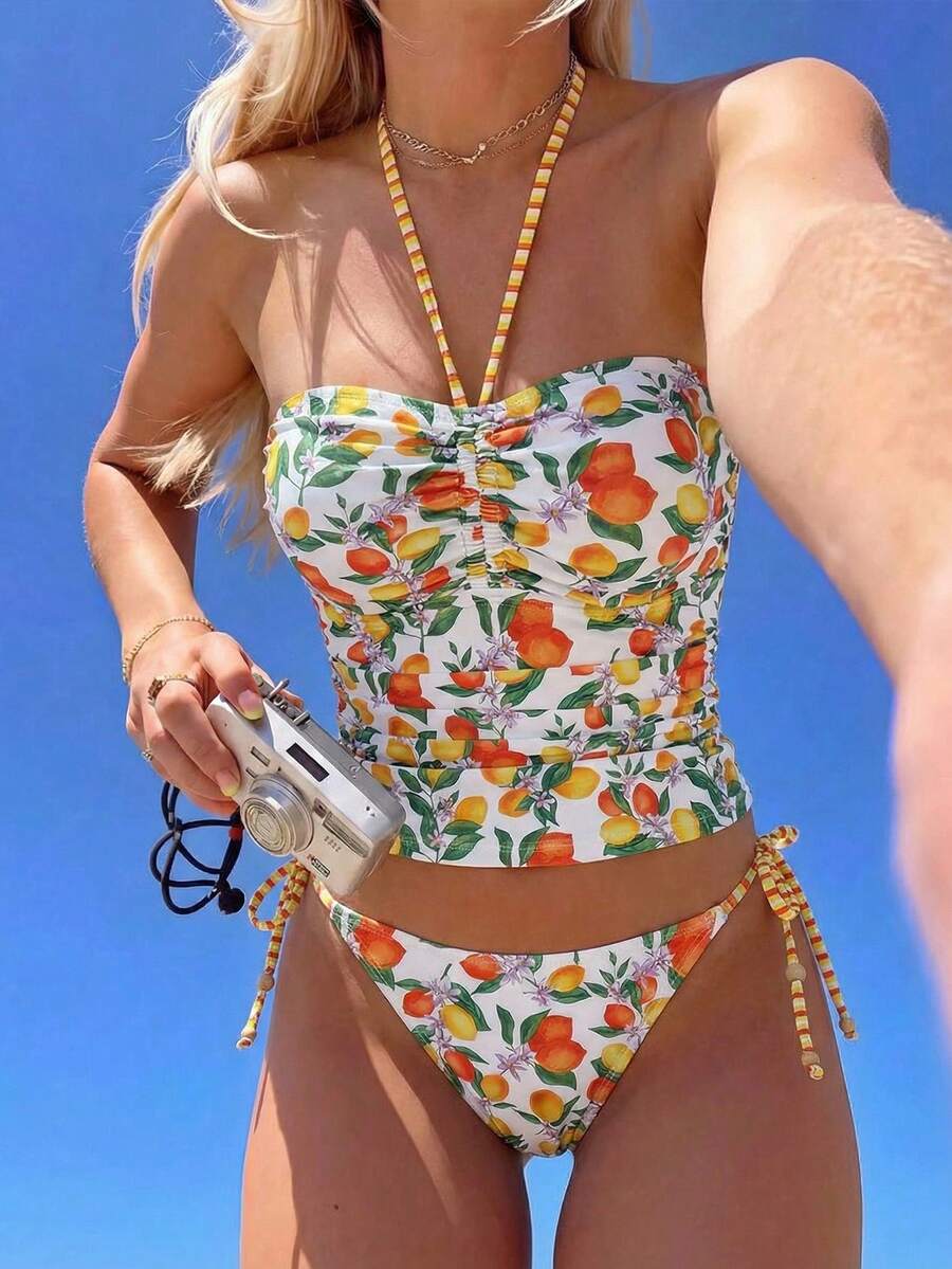 SHEIN MOD 性感水果印花抽绳比基尼套装 - 彩色 - 查看 1