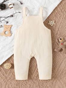 SHEIN 男婴柔软杏色可爱棕熊刺绣直筒连体裤，适合日常外出、居家休闲、亲子互动、生日派对等欢乐场合，四季皆宜。 - 米色 - 查看 2