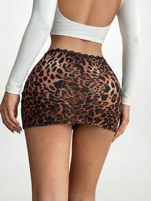 SHEIN SXY Leopard Print Lace Patchwork Low Waist Mesh Skirt,Carnival,Party,Rave Outfit ,Summer, Spring,Valentine's Day,Beach,Going Out,Vacation,Y2K,Leopard Print ,Cheetah Print,Mesh ,Sheer - Multicolor - View 2