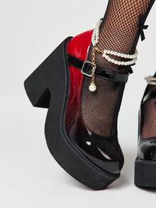 ROMWE Goth Women's Shoes Fashion Thick-Soled Wedge Shoes - Casual Punk Style Round Toe Gradual Change Burgundy Pearl Naked Belt Buckle Shoes - Comfortable And Simple Women's Slip-On Party Women's Shoes - Red - View 3