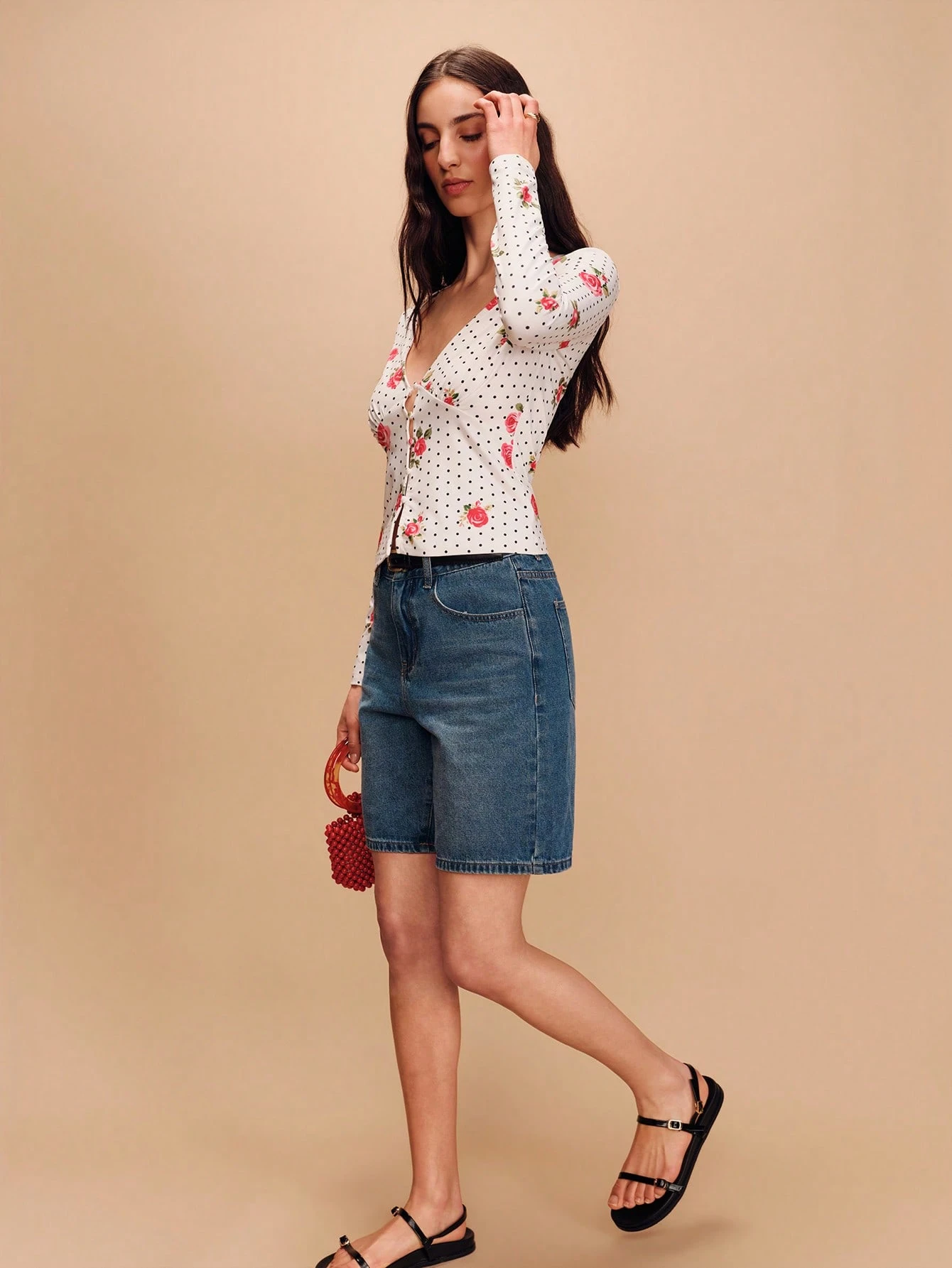 Fitted Long-Sleeve Floral Tee With Button Placket Spring Summer Vacation Office French Style Parisian Style