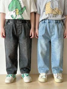 2pcs/Set Baby Boys' Loose Fit Washed Denim Jeans,Grey Summer 2016 Aesthetic Back-To-School,Criss-Cross Pleated Lightweight Soft Toddler Denim Pants - Multicolor - View 3