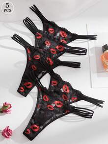 5条装性感蕾丝边饰唇形设计丁字裤，镂空绑带T字后背女士内裤 - 黑色 - 查看 2