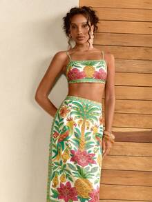 CAJUNI Conjunto de top corto y falda con estampado de piña para vacaciones, conjunto de falda y parte superior de verano para mujer - Multicolor - Ver 10