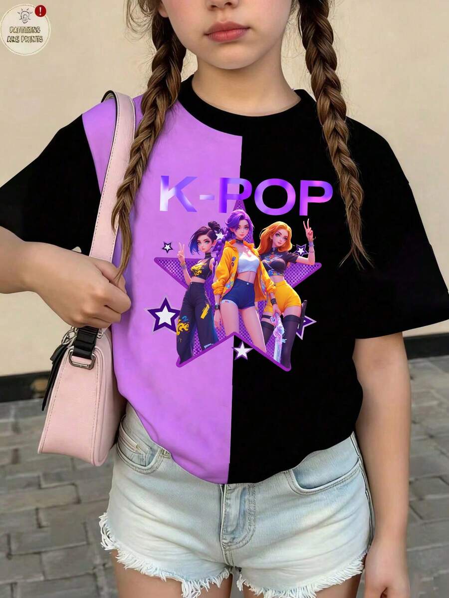 Camiseta casual versátil de manga corta y cuello redondo con gráfico de carta y Kpop para niña joven - Multicolor - Ver 1