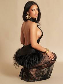 Silquee 女士优雅迷人性感派对连衣裙，黑色蕾丝拼接薄纱下摆露背挂脖式 - 黑色 - 查看 6