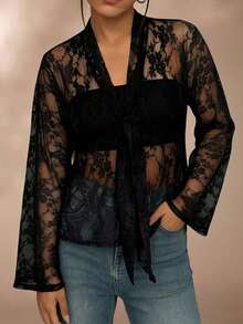 EMERY ROSE Plus Size Women Lace Collar Vacation Sheer Design Blouse - Black - View 5