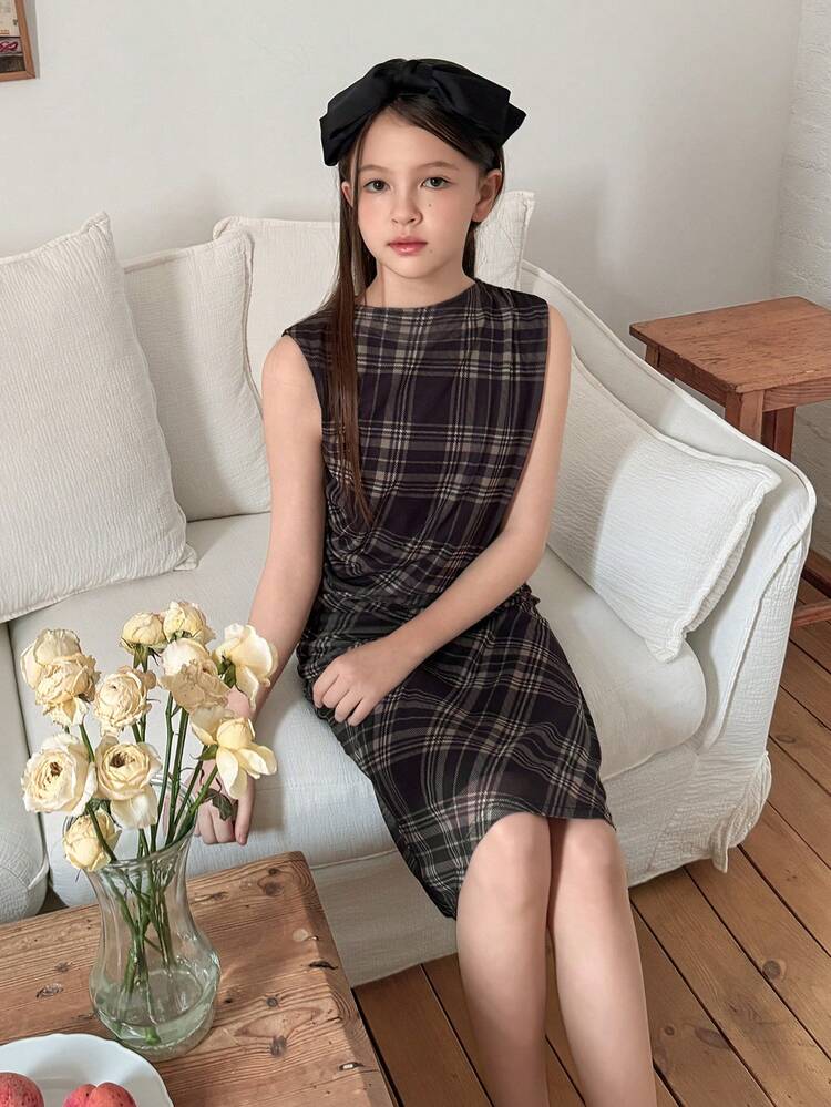 Tween Girl Plaid Round Neck Ruffle Casual Sleeveless Dress Summer