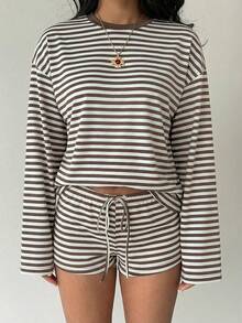 Aloruh Bộ đồ nữ cổ tròn, vai rớt, tay dài, dáng rộng, kẻ sọc, 2 mảnh - Màu Khaki - Xem 3