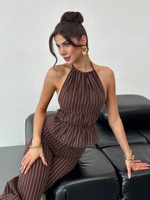 Firerie Bộ đồ 2 mảnh màu nâu dành cho nữ, thanh lịch, thường ngày, gợi cảm, thích hợp cho kỳ nghỉ, lễ hội âm nhạc, tiệc tùng. Bộ gồm áo hai dây buộc cổ sau lưng kẻ sọc và quần dài cạp cao. - màu nâu - Xem 9