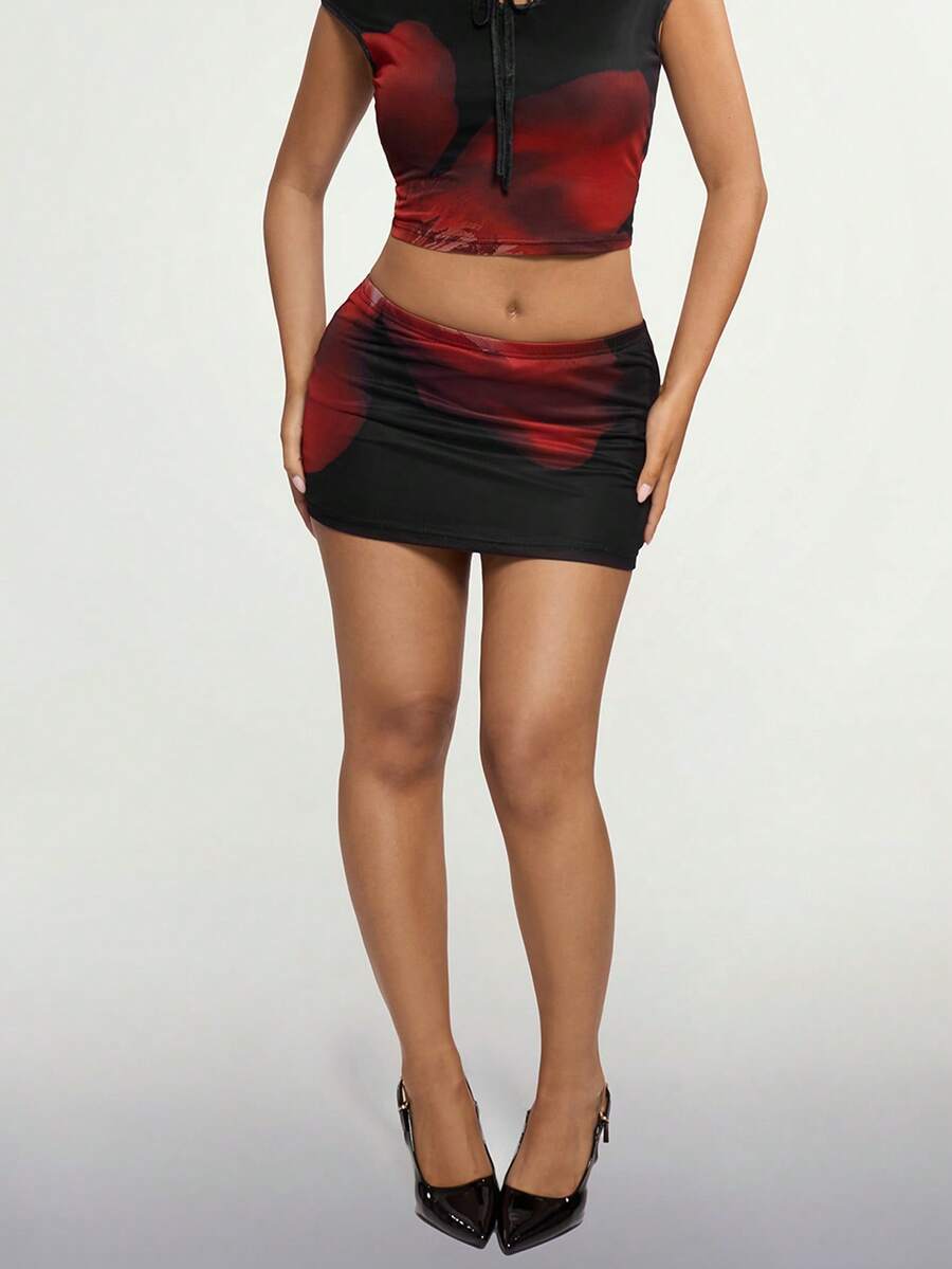 SHEIN ICON Rok Mini Motif Bunga Gaya Retro Cina - Hitam - View 1