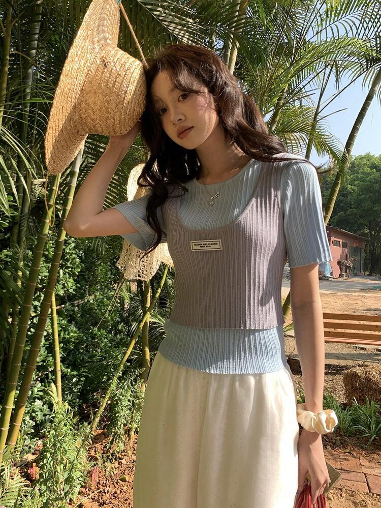 Women's Round Neck 2 In 1 Casual Korean Style Short Sleeve Knit Top Summer