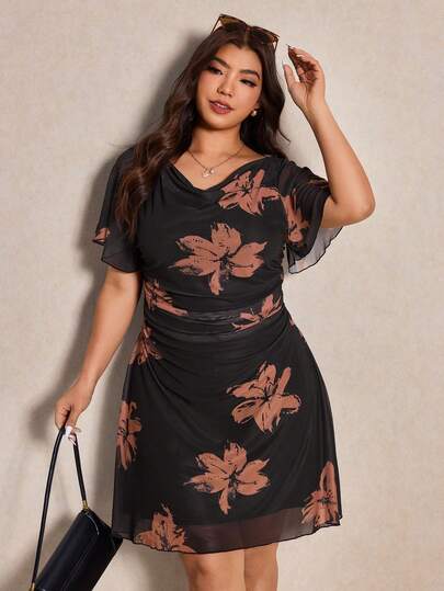 Elaquor Plus Size Women Black Elegant Minimalist Urban Chic Office Commute Dress, Autumn/Winter