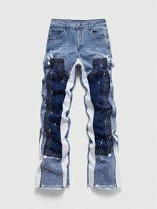 ROMWE MEN Street Life Quần jean denim nam dáng casual phối màu tương phản, đính đá lấp lánh, rách túi. - Màu xanh hải quân - Xem 6
