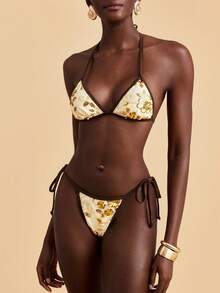Travachic Women's White Floral Sequin Halter Tie Bikini Swimwear Set,Boho Summer Holiday Beach Vacation Outfits,Elegant Festival Outfits Beach Party - Multicolor - View 7
