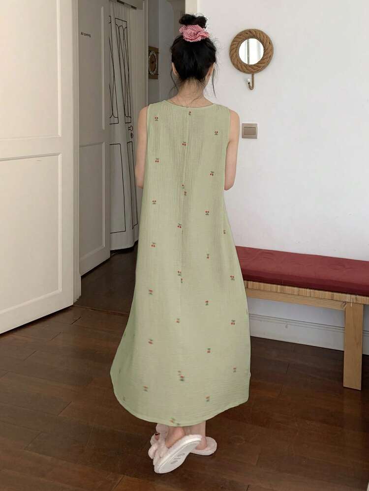 Sleeveless Loose Long Dress, Sweet Cherry Print, Summer Casual Dress For Women