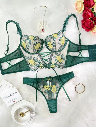 2pcs Sheer Mesh Floral Embroidery Sexy Lingerie Set