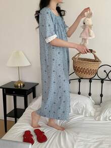 SHEIN 女童碎花方领花瓣袖拼接荷叶边下摆连衣裙 - 淺藍色 - 查看 6