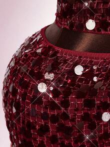 Amplova 2026 New Sequin Sheer Halter Neck Tank Top And Mini Skirt Set For Women - Burgundy - View 8