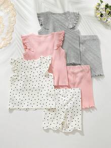 Loomiva 6pcs Baby Girl White And Black Polka Dot, Summer, Cute, Family Matching Solid Color Knit Round Neck Top And Elastic Waist Shorts Set, Cotton Baby Girl Outfit - Multicolor - View 2