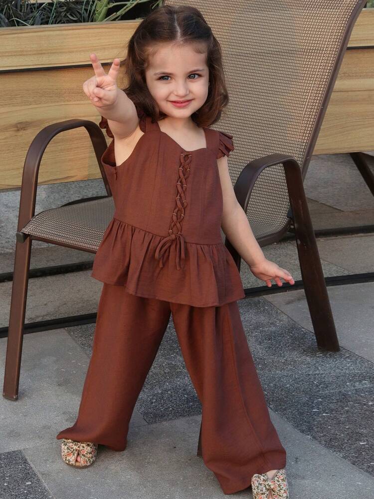 Young Girls Ruffle Trim Solid Color Shirt Set