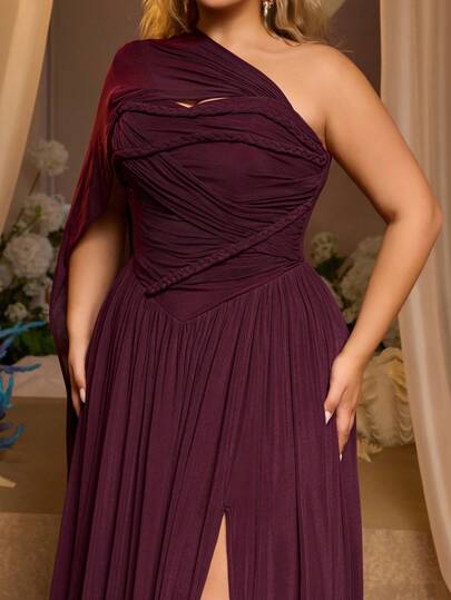 Glamrae 大码优雅奢华酒红色串珠亮片手工可拆卸单肩天鹅绒腰带复古装饰纽扣点缀高开衩鱼尾裙