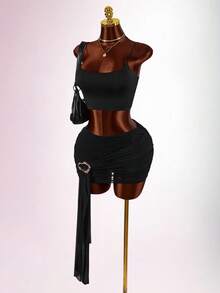 Amplova Women's Mesh Ruched Wrap Tie Bodycon Mini Skirt, Versatile Sexy Avant-Garde Metal Buckle Mini Skirt Suitable For Dates - Black - View 13