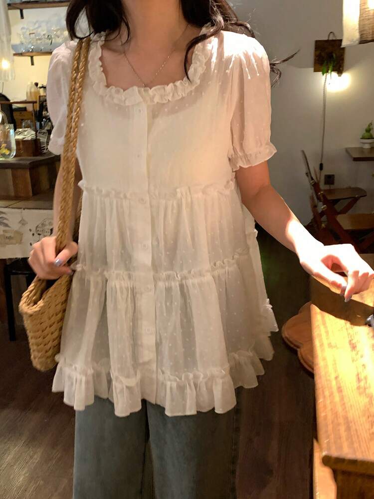 Women's White Square Collar Ruffle Trim Loose Casual Blouse With Puff Sleeves, Flattering Summer