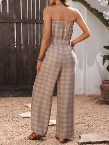 Breezaya Women's Retro Khaki Plaid Jumpsuit, Strapless Jumpsuit With Belt, Wide Leg Jumpsuit - Khaki - View 2