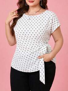 Reflora Plus Size Women Heart Print Round Neck Short Sleeve Side Tie Blouse, Summer Tops - White - View 1