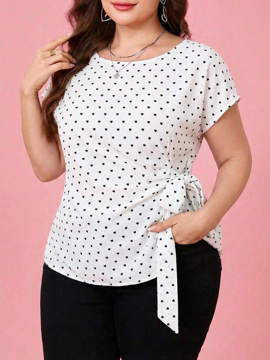 Reflora Plus Size Women Heart Print Round Neck Short Sleeve Side Tie Blouse, Summer Tops - White - View 1